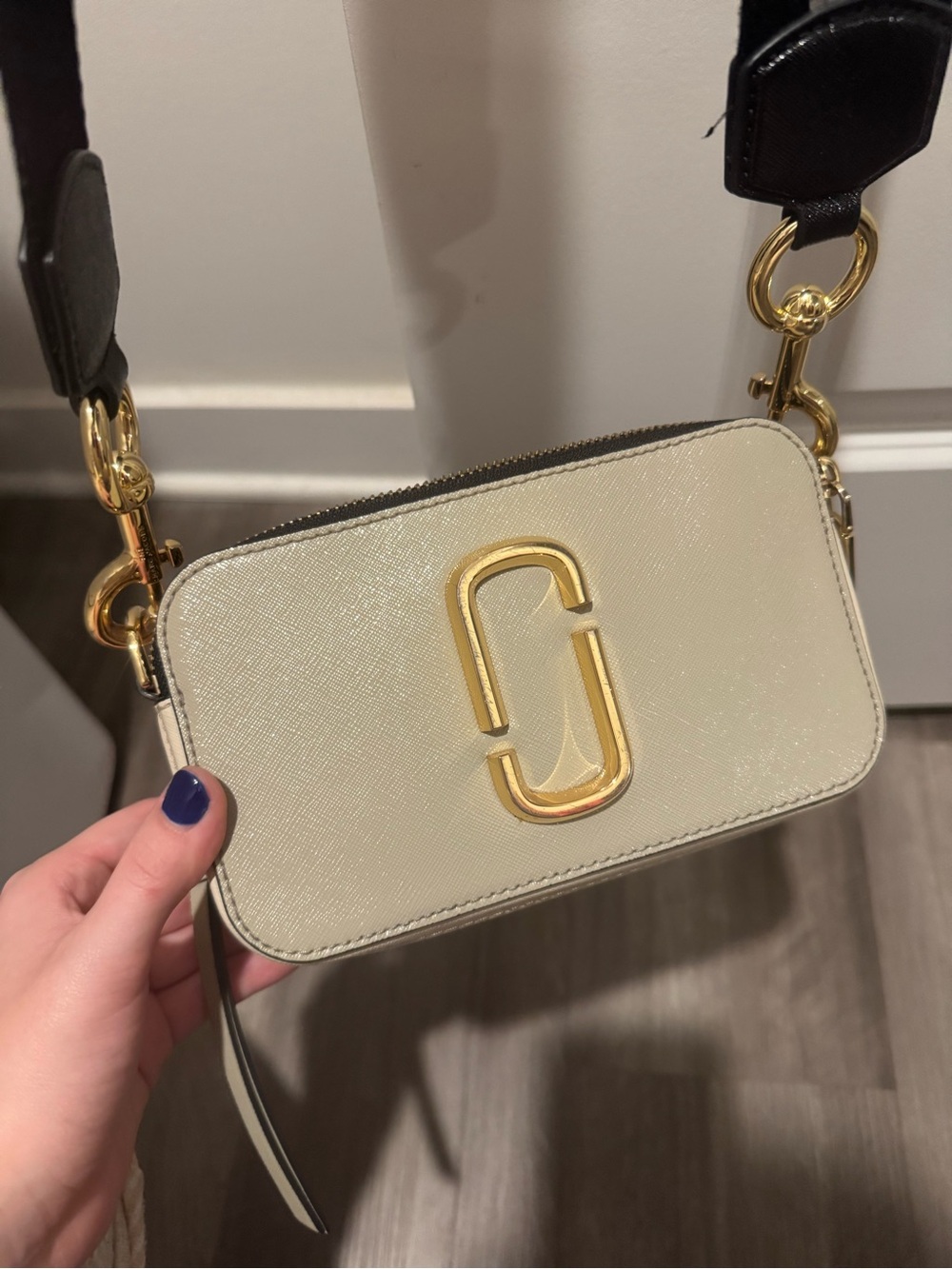 Marc Jacobs Cream Crossbody with Gold Hardware and Black Strap